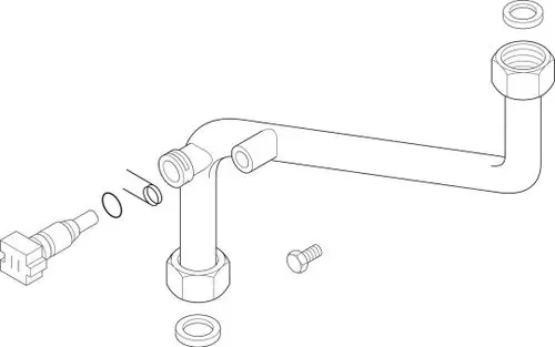 BOSCH Verbindungsrohr mit Anschlüssen, Dichtungen und Schraube, dargestellt in technischer Zeichnung. Komponenten sind schematisch angeordnet.
